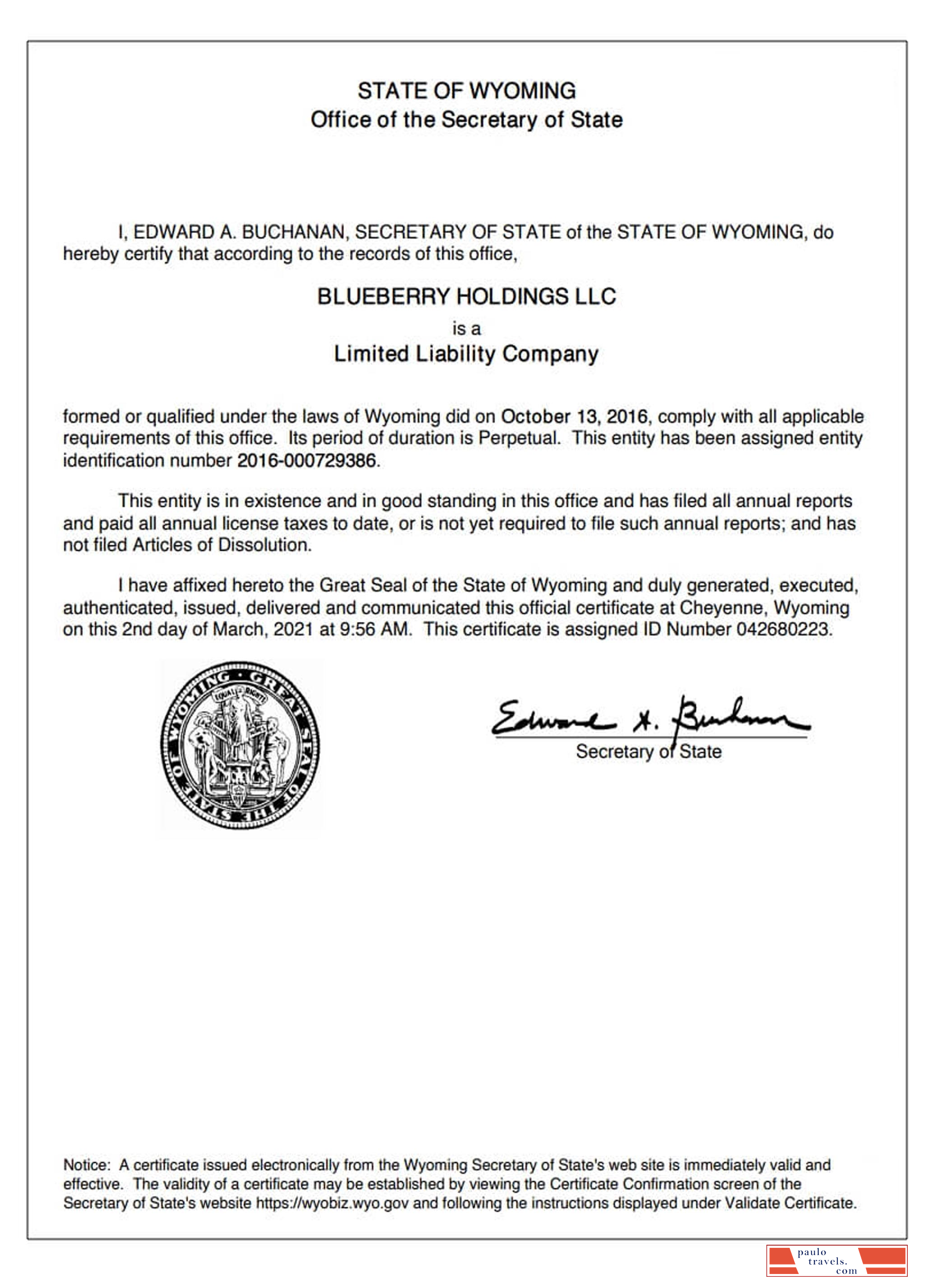 USA Wyoming certificate of good standing